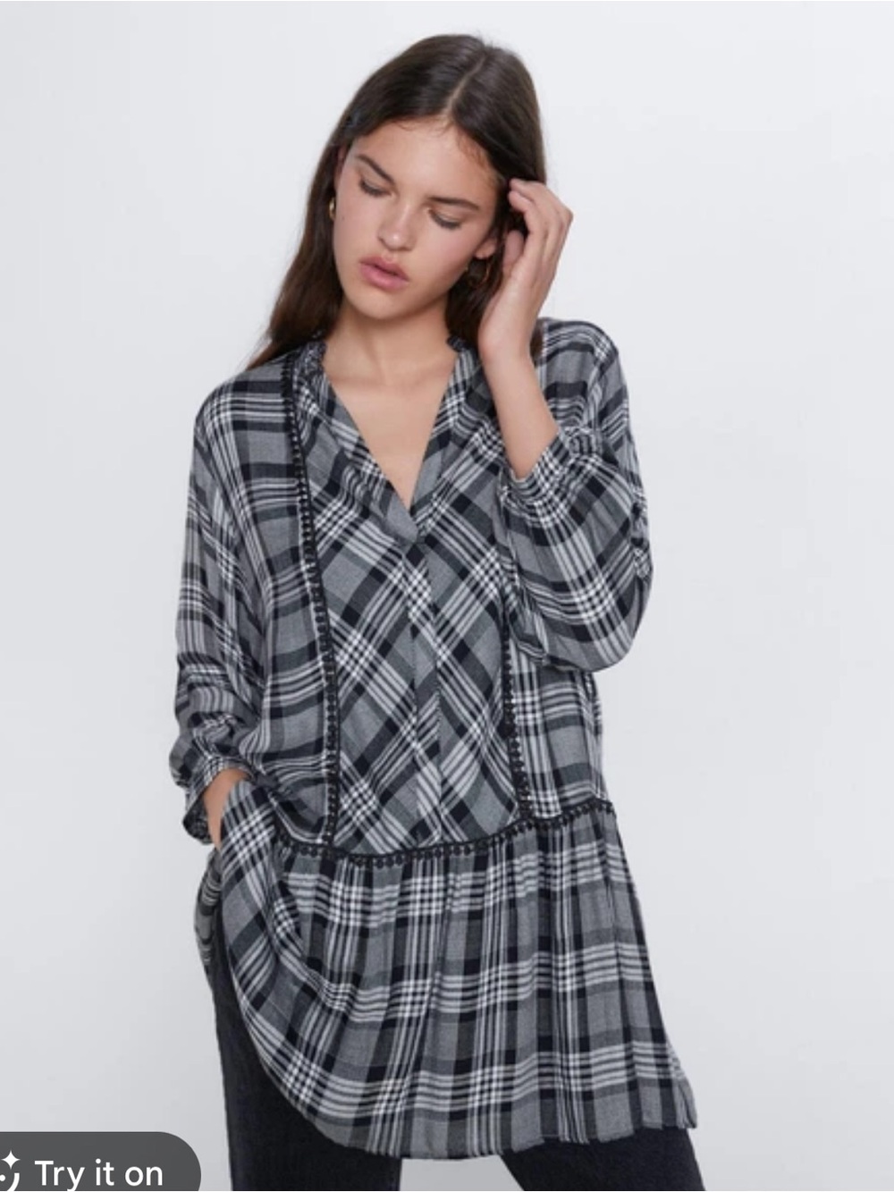 Zara Black and White Plaid Blouse